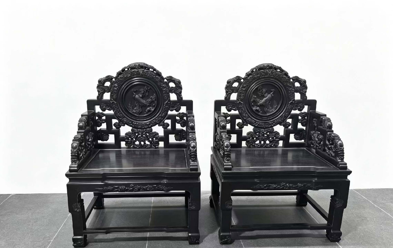 Pair of Sandalwood Grand Master Armchairs for Central Hall Display: Pair of Sandalwood Grand Master Armchairs for Central Hall DisplayH 109 cm, L 78 cm, W 60 cm