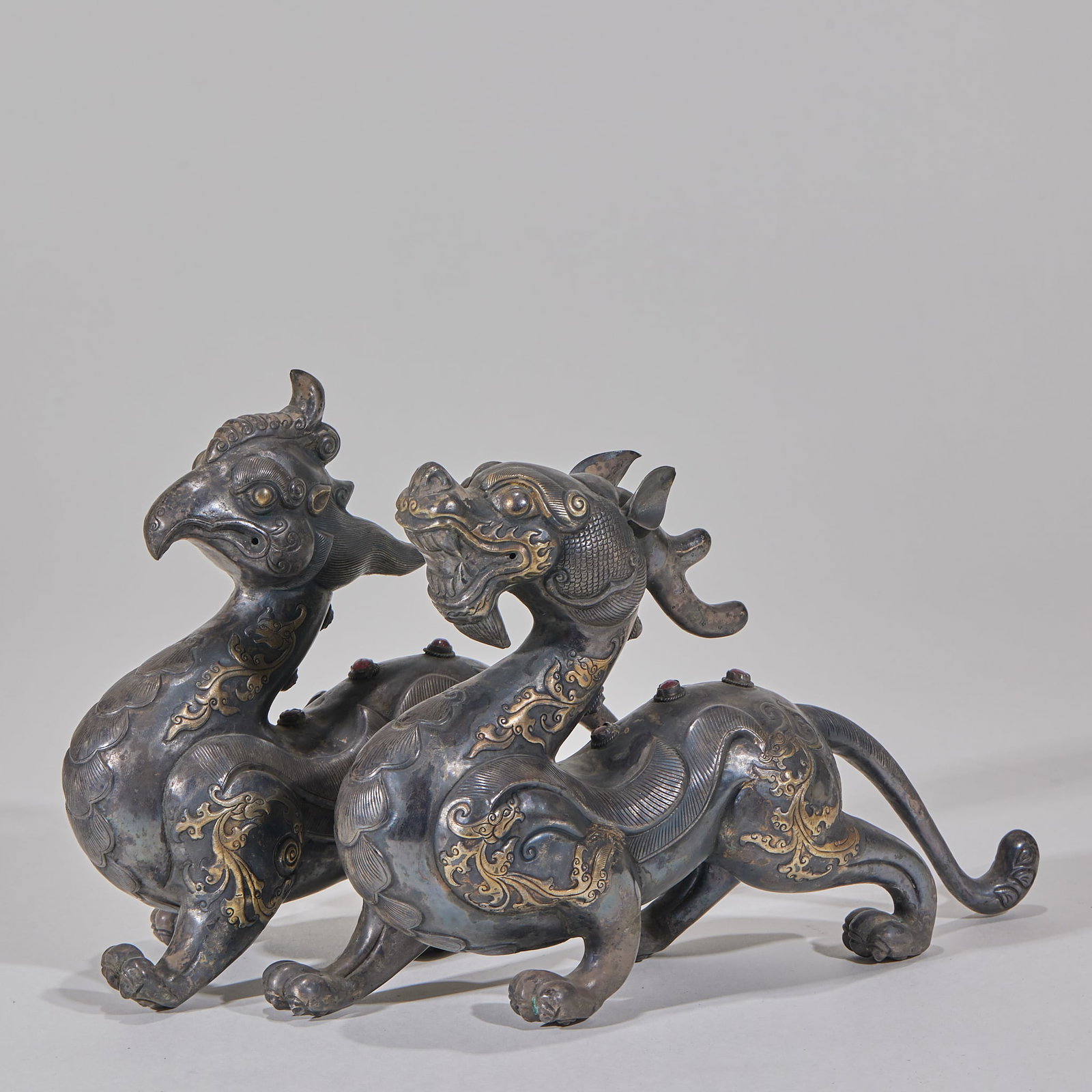 Pure Silver Gilt Jeweled Ornament, Dragon & Phoenix Auspicious Design: Pure Silver Gilt Jeweled Ornament, Dragon & Phoenix Auspicious DesignH 17.5 cm, L 21.5 cm, W 6.5 cm
