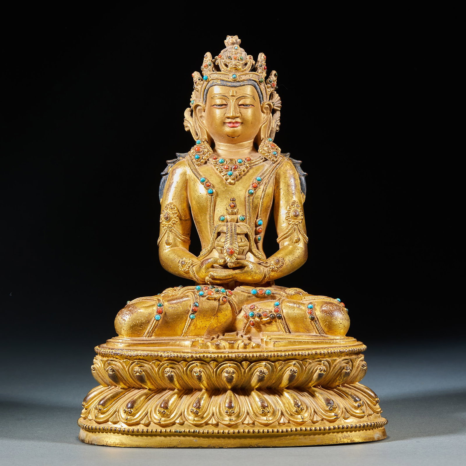 Qing Gilt Bronze Statue of Amitayus Buddha: Qing Gilt Bronze Statue of Amitayus BuddhaH 24.5 cm, L 17.5 cm, W 9.5 cm