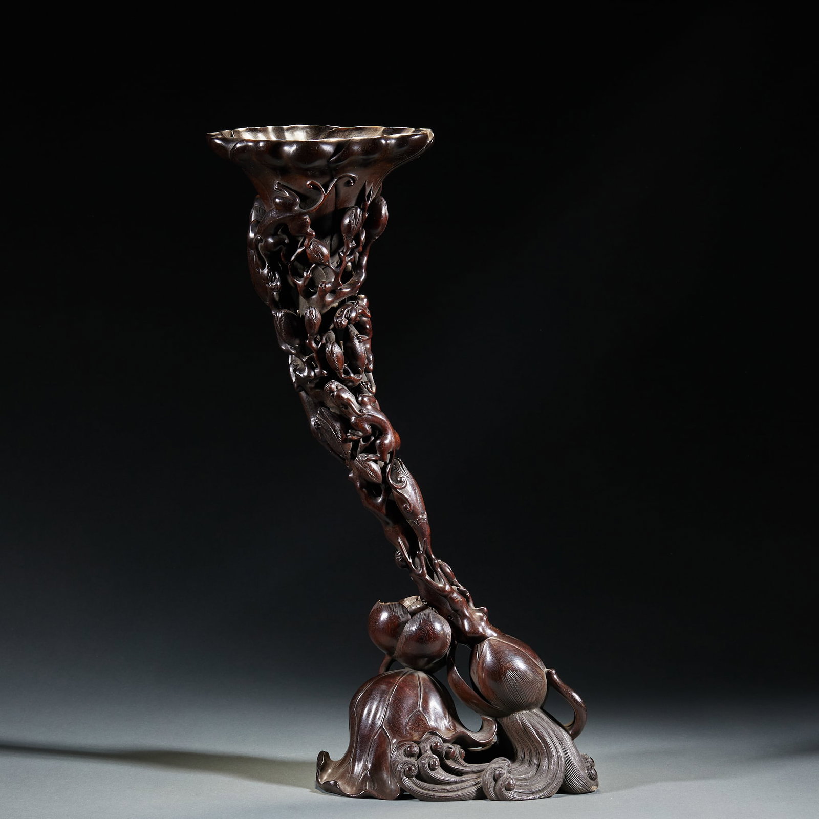 Qing Sandalwood Flower Vase with Openwork Relief Lotus Patterns: Qing Sandalwood Flower Vase with Openwork Relief Lotus PatternsH 50 cm, L 20 cm, W 13 cm