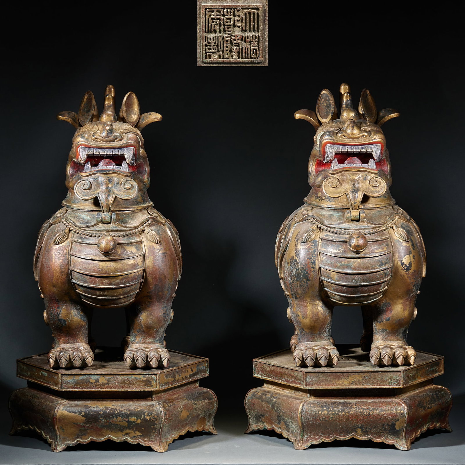 Pair of Gilt Bronze Luduan Incense Burners, Qianlong Reign Qing: Pair of Gilt Bronze Luduan Incense Burners, Qianlong Reign QingH 66 cm, L 37 cm, W 37 cm
