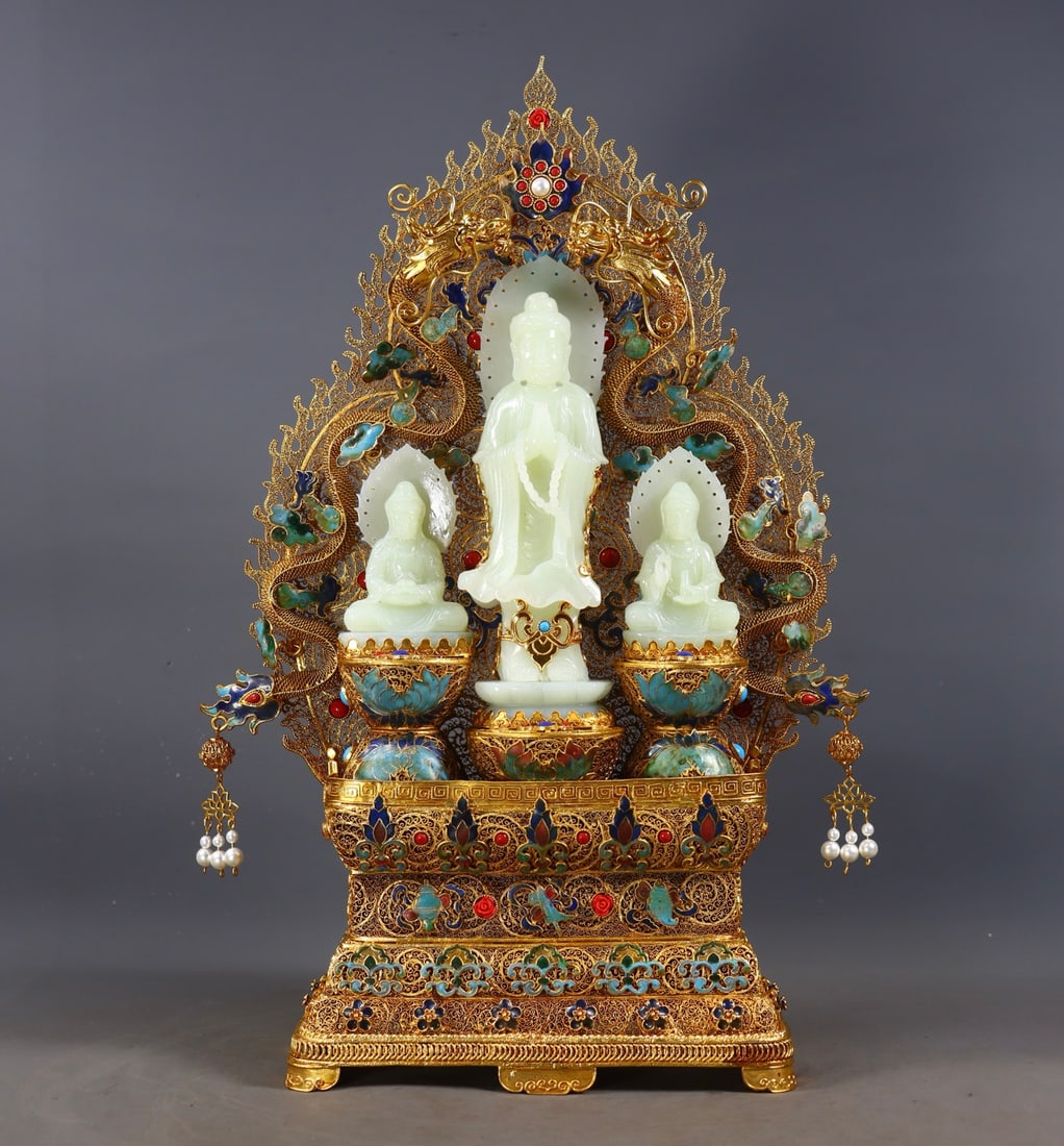 One Gilt Filigree Buddha Statue Inlaid with Hetian Jade: One Gilt Filigree Buddha Statue Inlaid with Hetian JadeH 41 cm, L 27 cm, W 8.5 cm