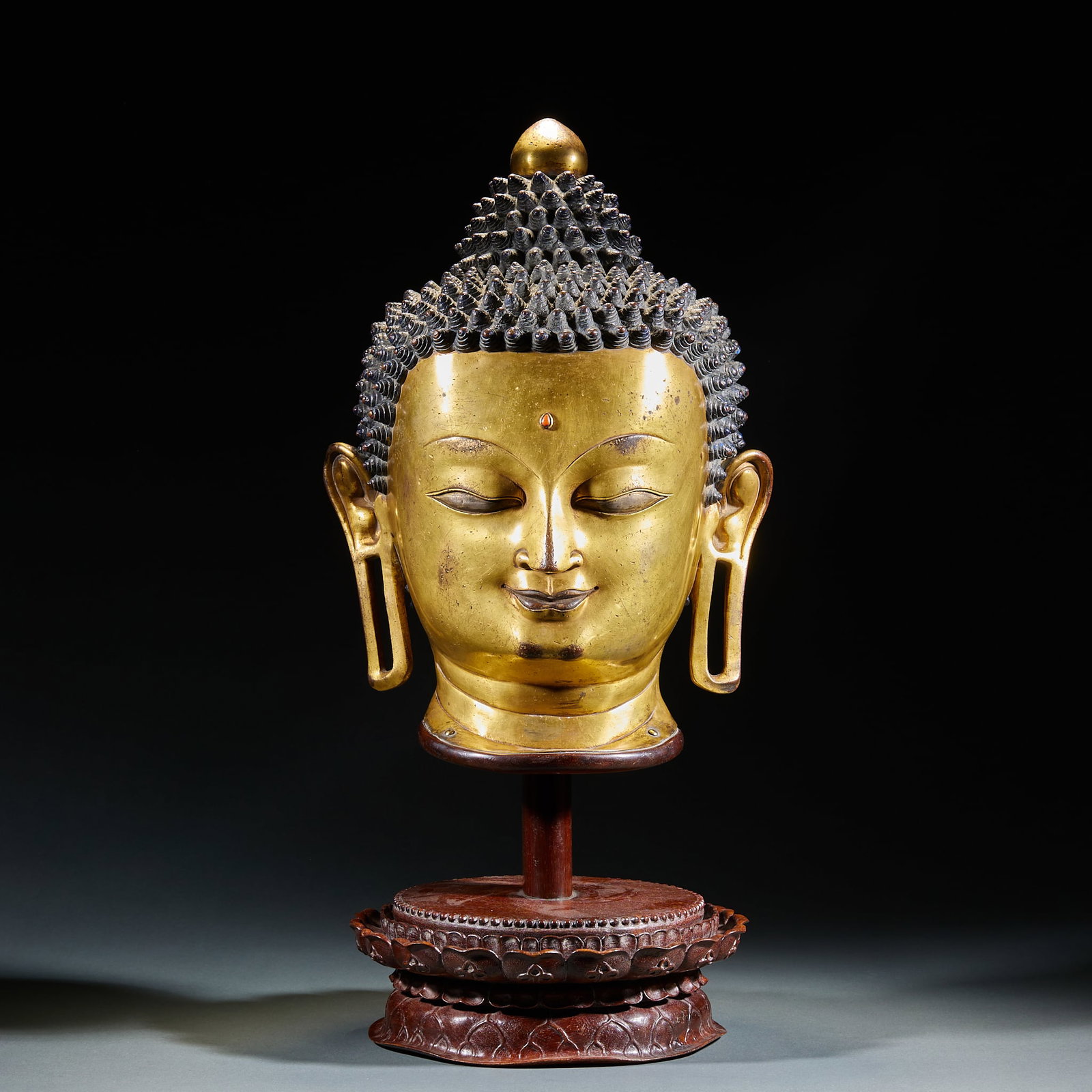 Qing Gilt Bronze Shakyamuni Buddha Head: Qing Gilt Bronze Shakyamuni Buddha HeadH 57 cm, Diam. 29 cm