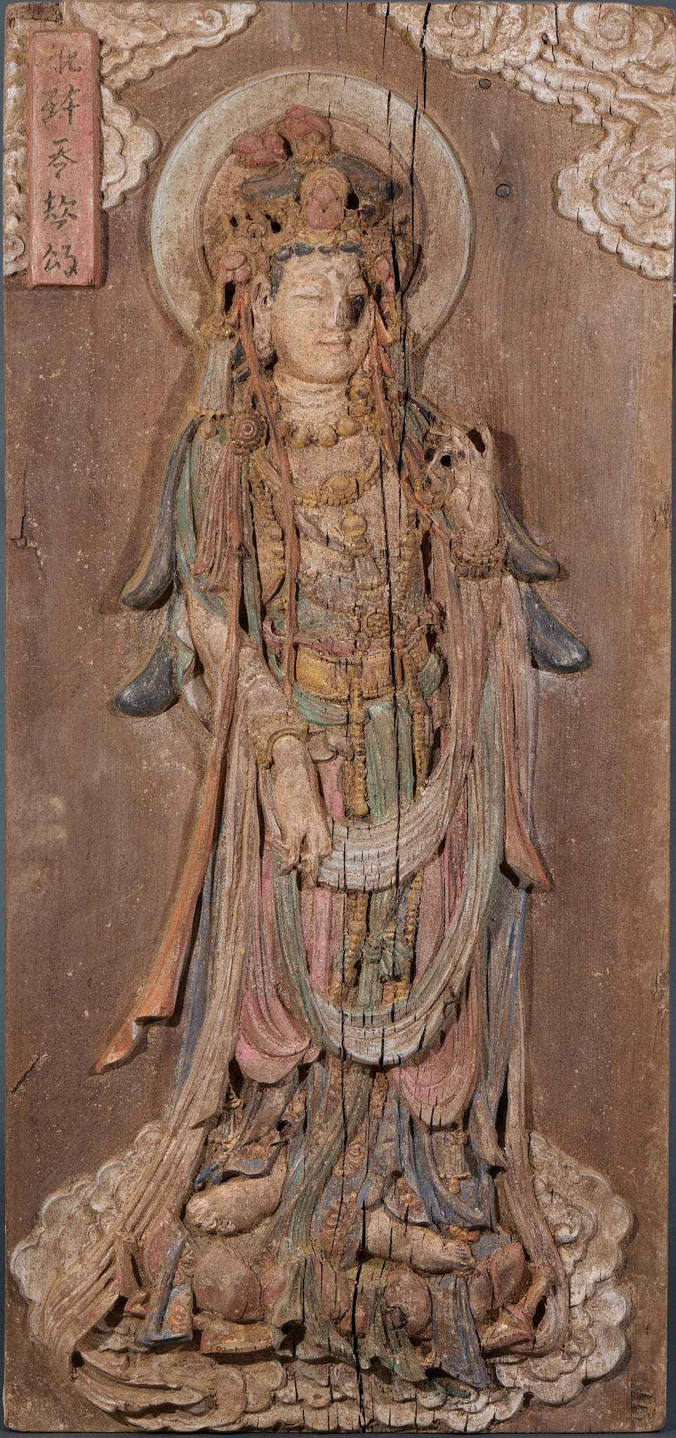 Cypress Wood Panel Painting of Guanyin: Cypress Wood Panel Painting of GuanyinL 82.5 cm, W 38.5 cm