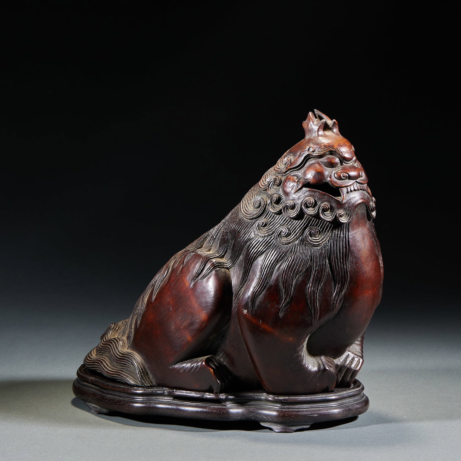 Qing Bamboo Root Carved Lion Incense Burner: Qing Bamboo Root Carved Lion Incense BurnerH 23 cm, L 25 cm, W 14 cm