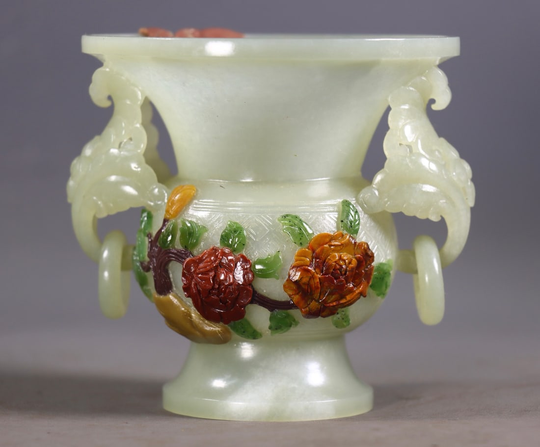 Hetian Jade TwoEar Gu Vase Inlaid with Eight Treasures: Hetian Jade TwoEar Gu Vase Inlaid with Eight TreasuresH 10 cm, L 10 cm, W 9.5 cm