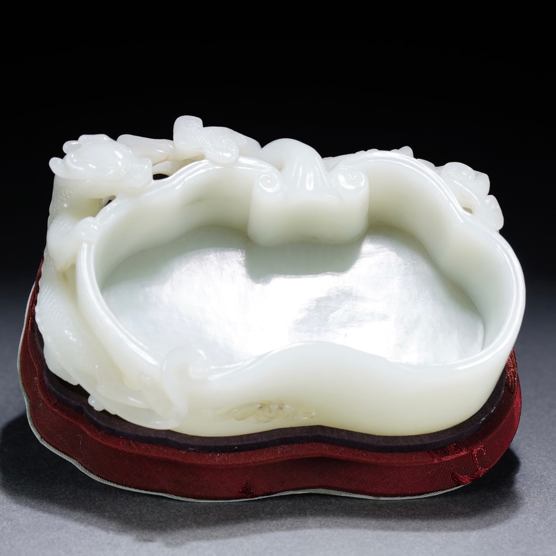 Hetian Jade Water Coupe Ornament: Hetian Jade Water Coupe OrnamentOverall H: 7 cm, Figure H: 4.5 cm, L: 13.5 cm, W: 9.1 cm