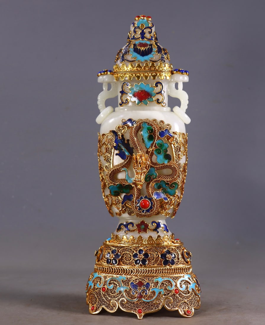 Qing Filigree Gilt TwoEar Vase Inlaid with Hetian Jade, Coiled Dragon Reliefs: Qing Filigree Gilt TwoEar Vase Inlaid with Hetian Jade, Coiled Dragon ReliefsH 28 cm, L 10.5 cm, W 8.5 cm