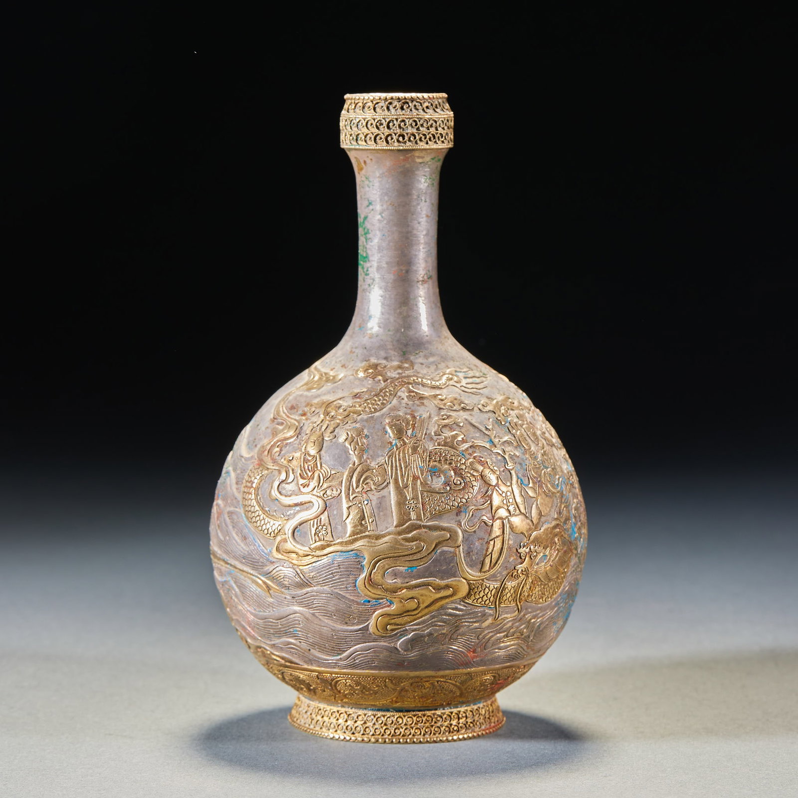 Solid Silver Gilt Vessel Engraved with Sea Scenes and Narrative Figures: Solid Silver Gilt Vessel Engraved with Sea Scenes and Narrative FiguresH 15 cm, Diam. 8.5 cm