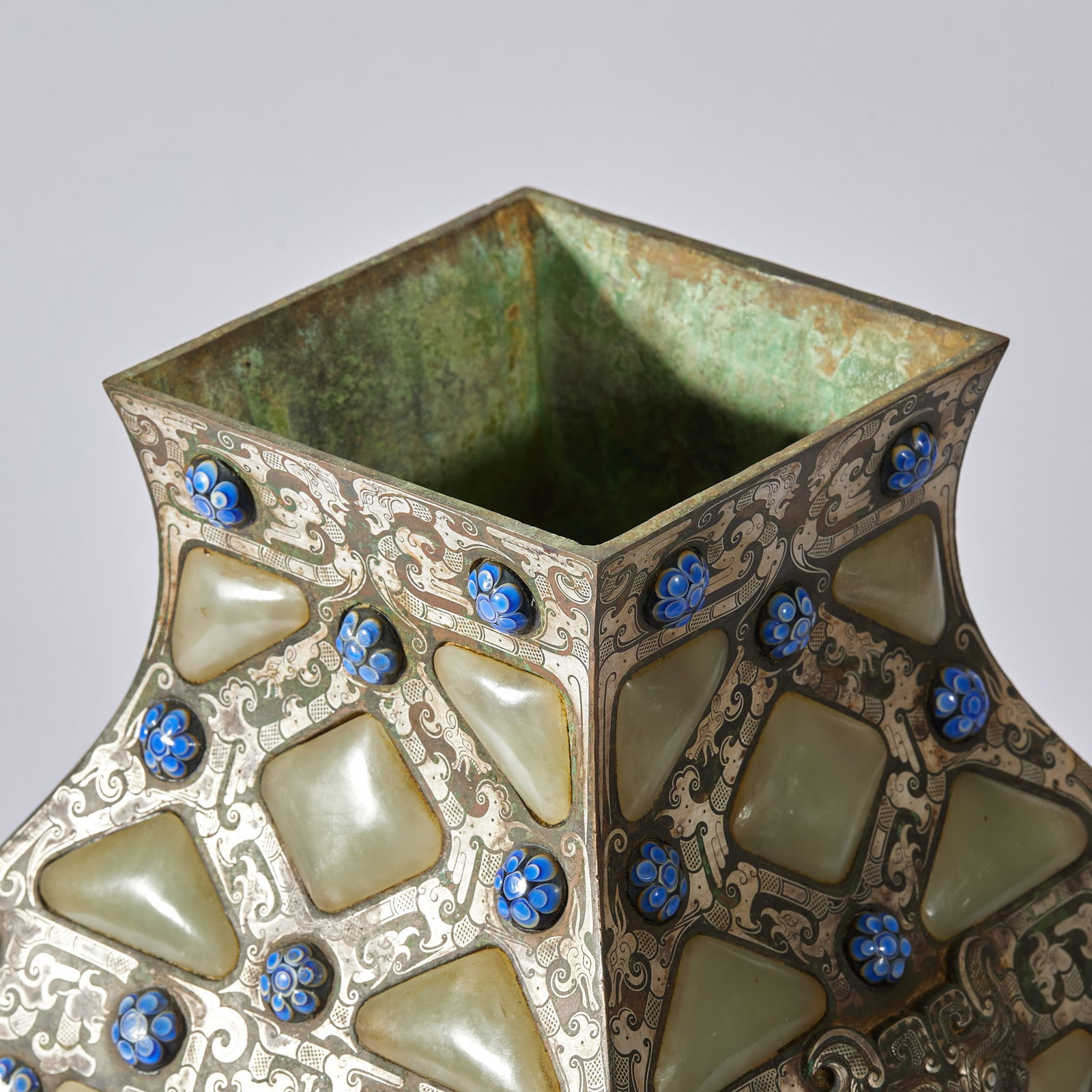PreMing SilverInlaid Square Vase with Jade Inserts - 12