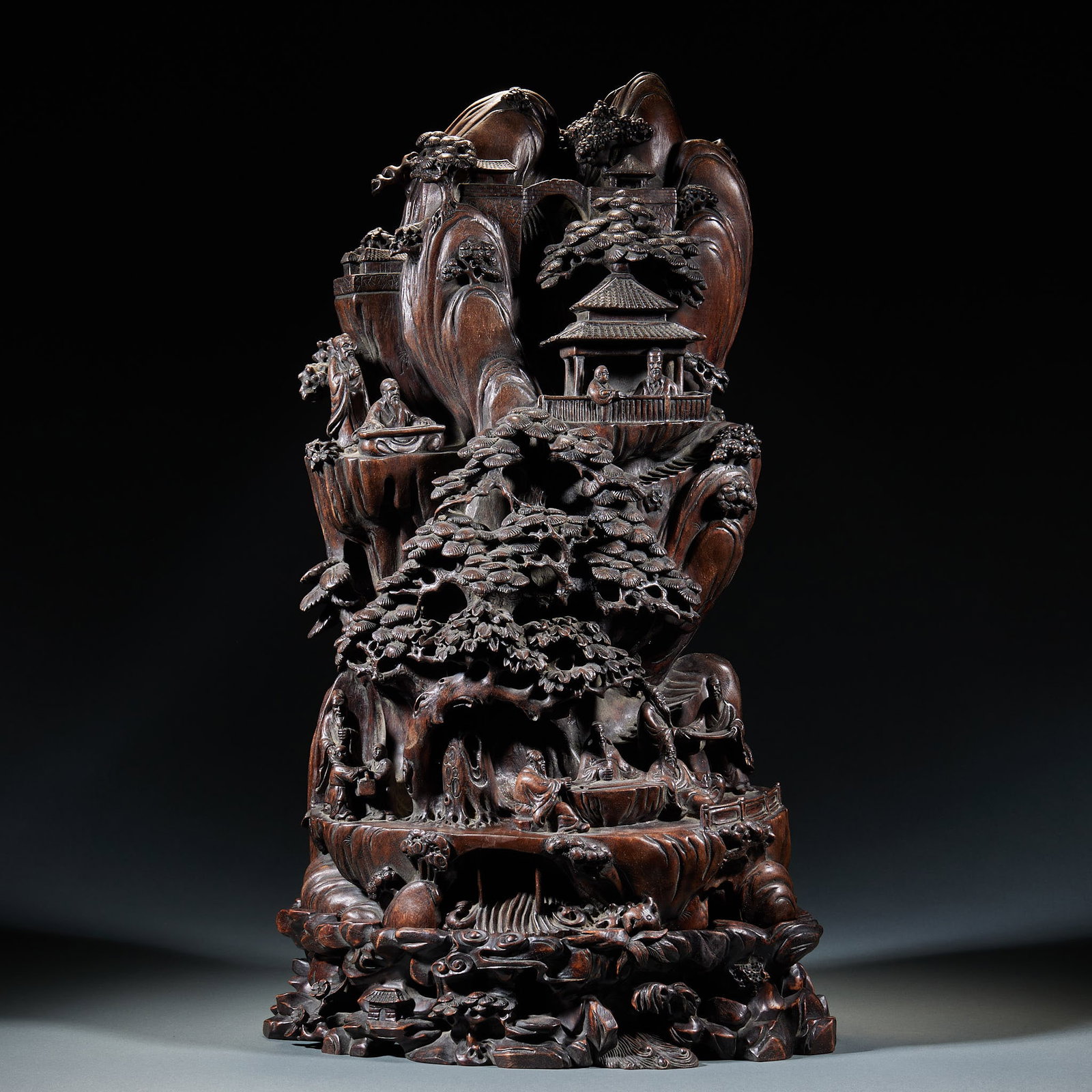 Agarwood Mountain Carving with Landscapes, Pavilions and Narrative Figure Scenes: Agarwood Mountain Carving with Landscapes, Pavilions and Narrative Figure ScenesH 58 cm, L 35 cm, W 27 cm