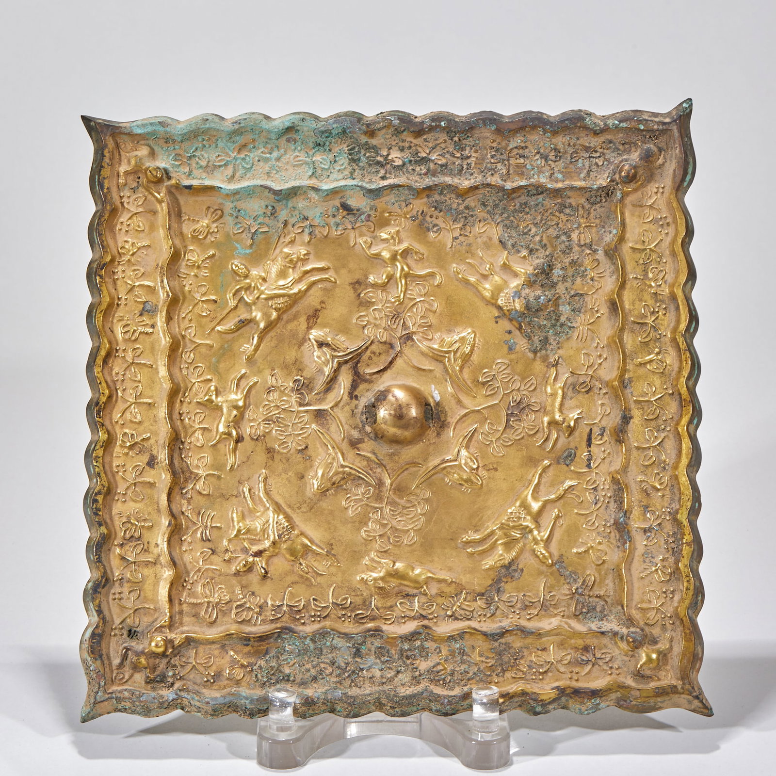 PreMing Gilt Bronze Square Mirror with Hunting Scene Reliefs: PreMing Gilt Bronze Square Mirror with Hunting Scene ReliefsL 27.5 cm, W 27.5 cm