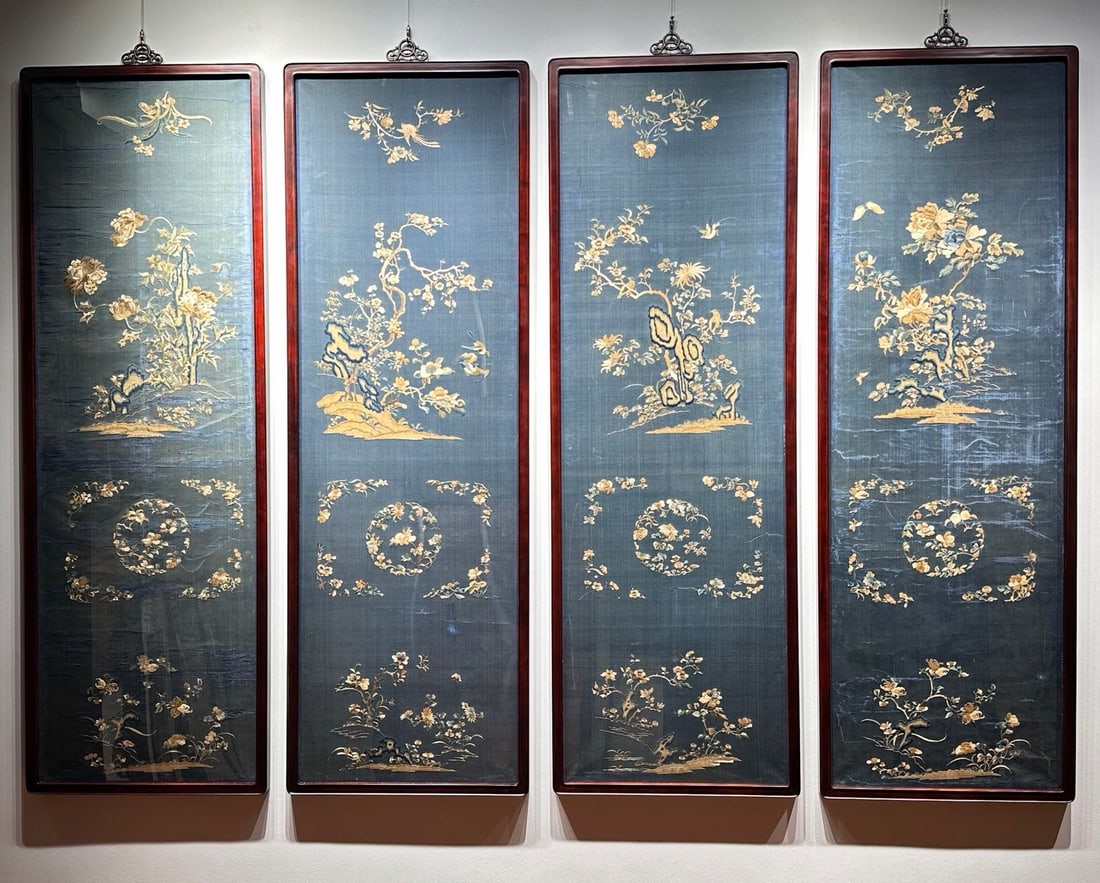 Complete Set of Court Suzhou Embroidery Panels on Dark Blue Ground, Rockery & Four Seasons Themes,: Complete Set of Court Suzhou Embroidery Panels on Dark Blue Ground, Rockery & Four Seasons Themes, Qianlong QingH 165 cm, W 55 cm