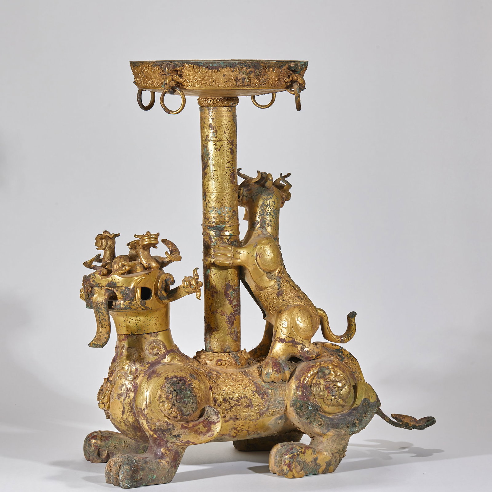 PreMing Gilt Bronze Candlesticks with Sacred Beast Motifs: PreMing Gilt Bronze Candlesticks with Sacred Beast MotifsH 63 cm, L 56 cm, W 28 cm