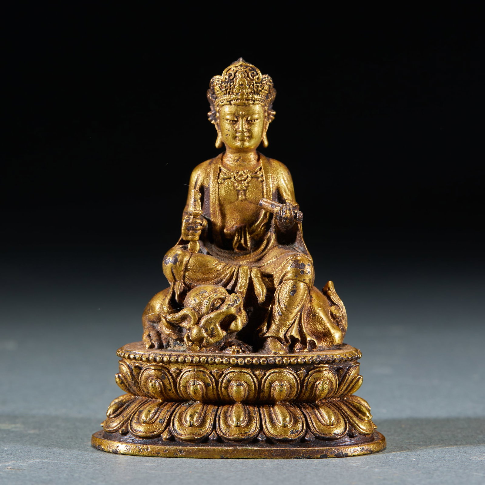 Gilt Bronze Statue of Manjushri Bodhisattva: Gilt Bronze Statue of Manjushri BodhisattvaH 6.3 cm, L 4.7 cm, W 3.3 cm