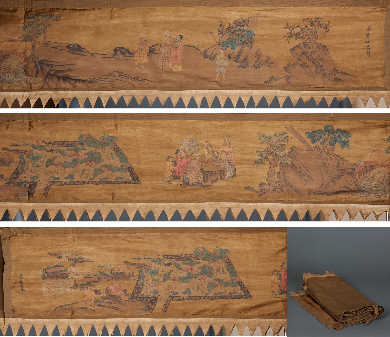 Liao Khitan Silk Hanging Banner with Narrative Figure Scenes: Liao Khitan Silk Hanging Banner with Narrative Figure ScenesL 390 cm, W 53 cm