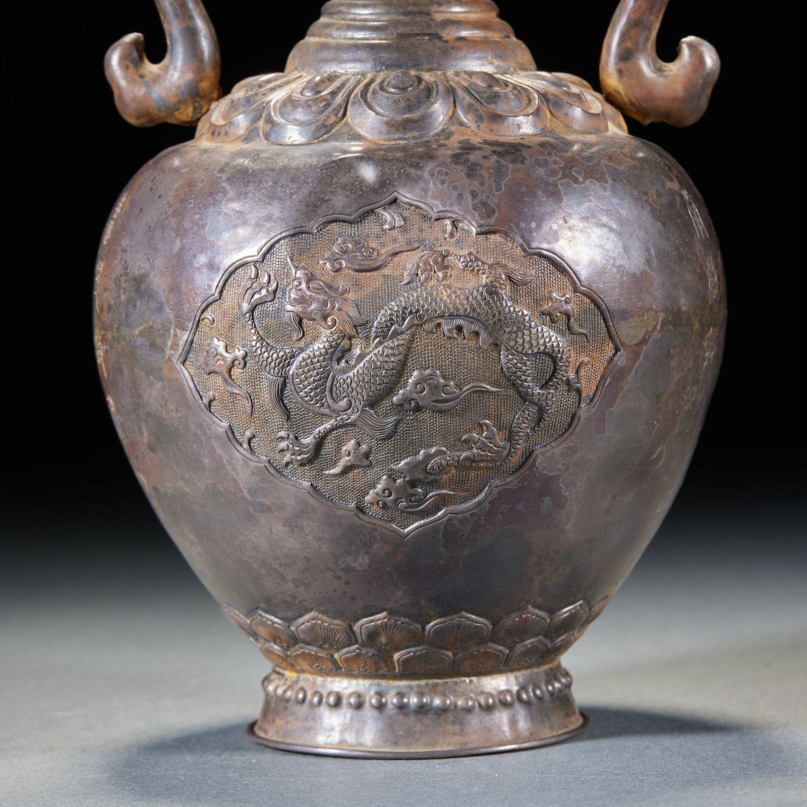 PreMing Solid Silver TwoEar Vase with Arched Windows Carved with Ancient Scripts - 3