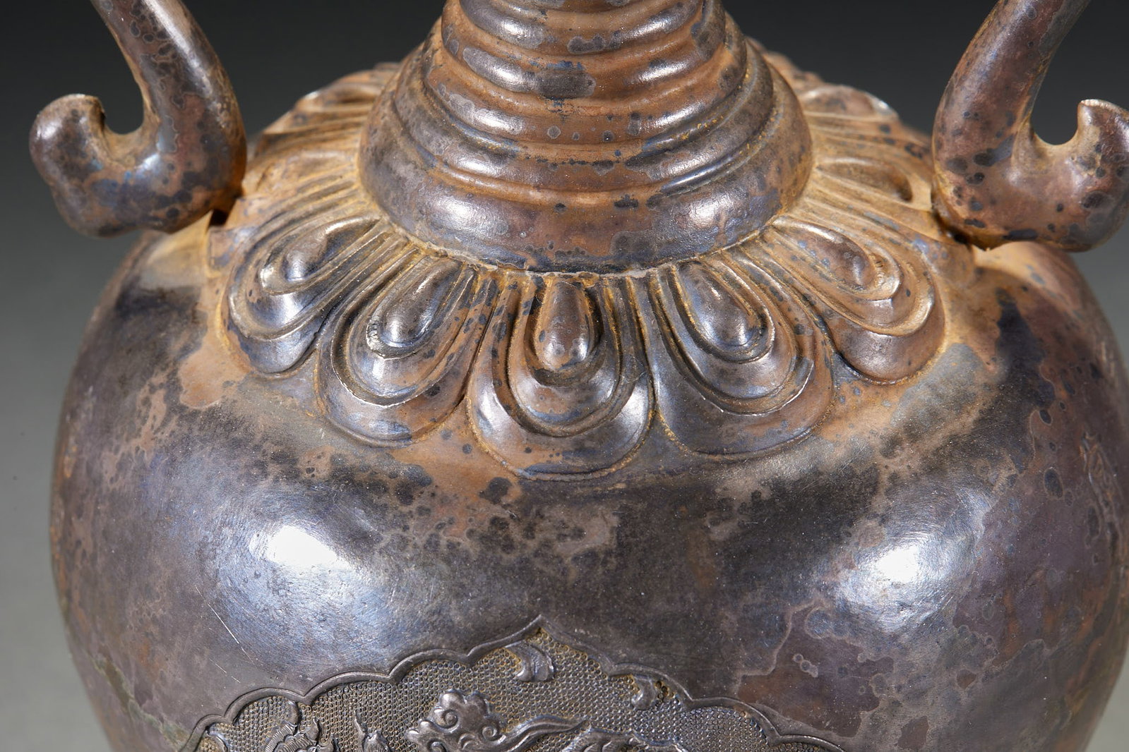 PreMing Solid Silver TwoEar Vase with Arched Windows Carved with Ancient Scripts - 8