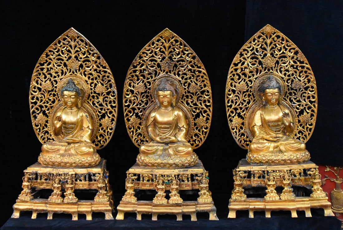 Complete Set of Gilt Bronze Buddha Statues of the Western Three Saints (1 of 9)