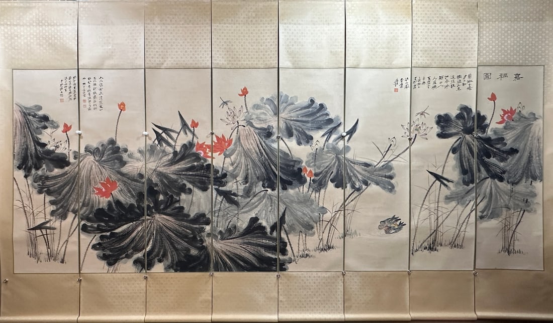 EightPanel Continuous Landscape Screen Lotus Flowers by Zhang Daqian: EightPanel Continuous Landscape Screen Lotus Flowers by Zhang DaqianPainting core: H 143 cm, W 365 cm