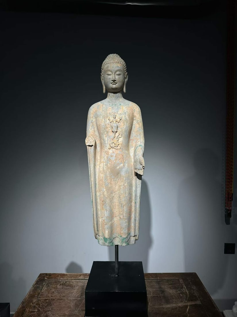 Painted Bluestone Buddha Statue, Northern Qi Dynasty: Painted Bluestone Buddha Statue, Northern Qi DynastyH 95 cm, W 22 cm