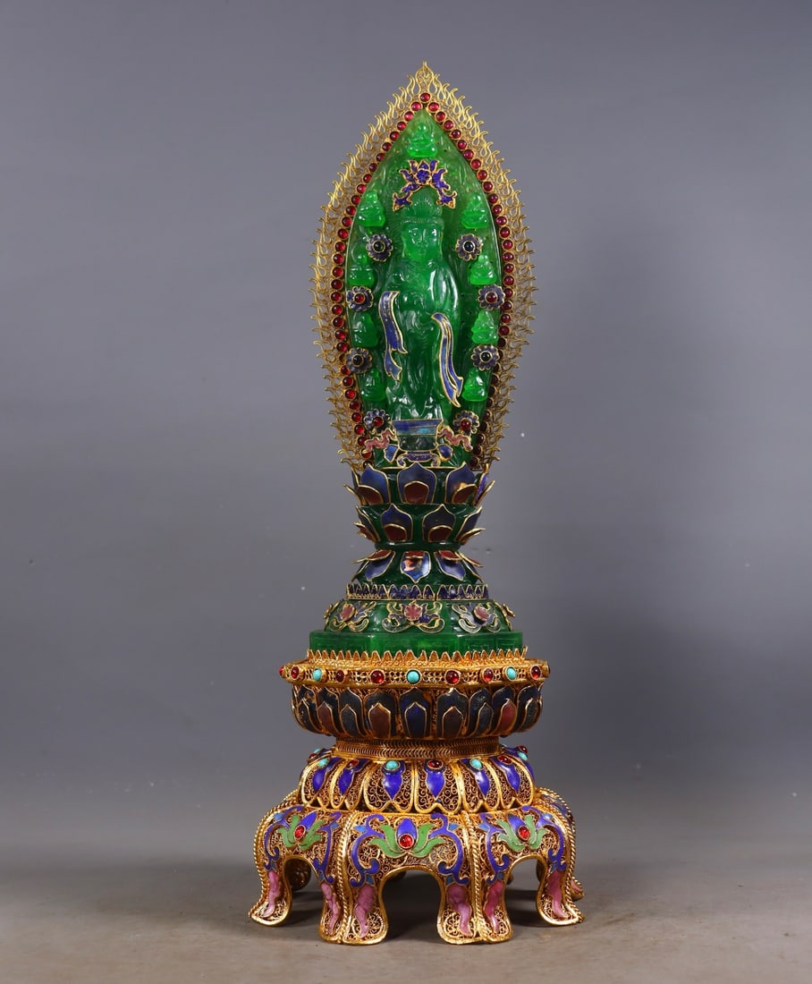 One Filigree Gilt Buddha Statue Inlaid with Emerald, Qing Dynasty: One Filigree Gilt Buddha Statue Inlaid with Emerald, Qing DynastyH 38 cm, Base Diam. 15 cm