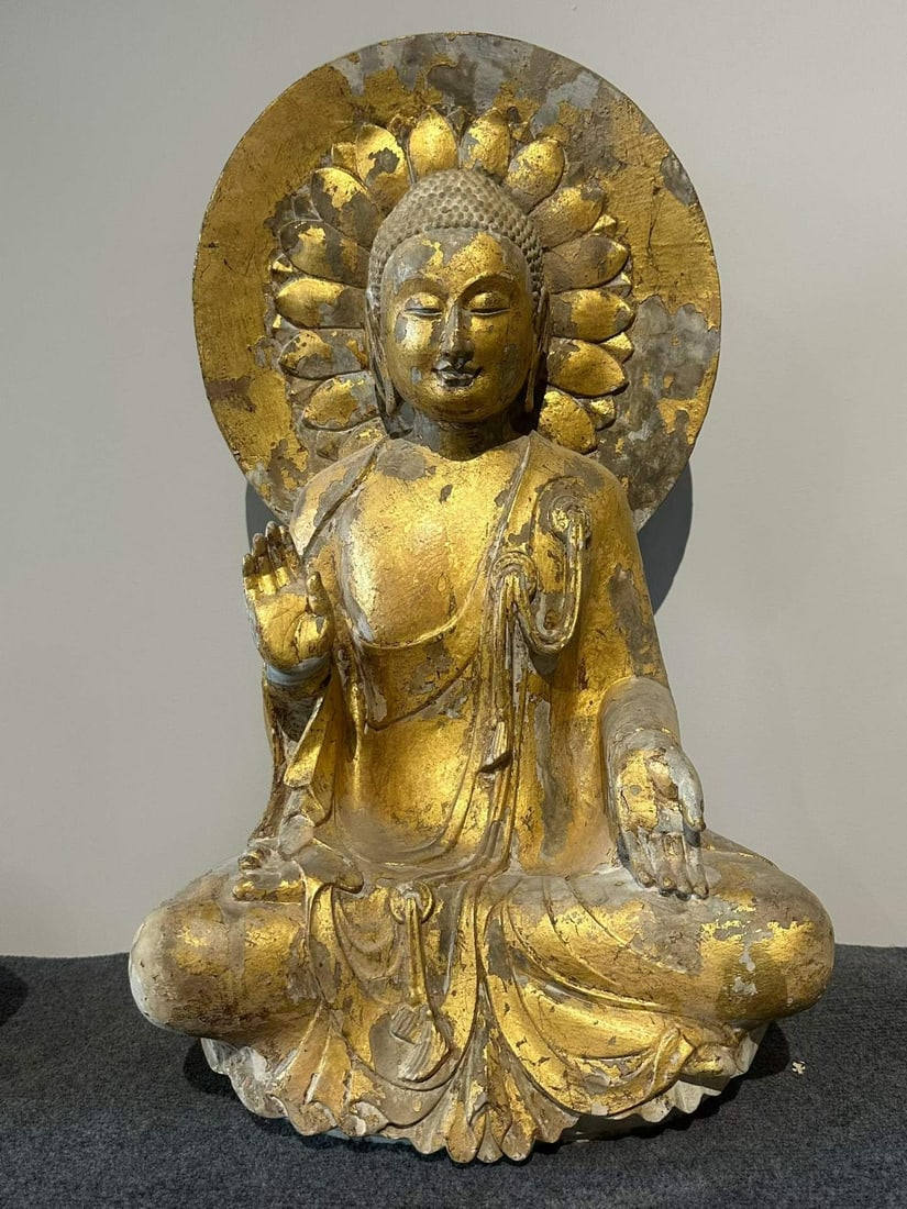 Gilded Bluestone Statue of Shakyamuni Buddha: Gilded Bluestone Statue of Shakyamuni BuddhaH 65 cm