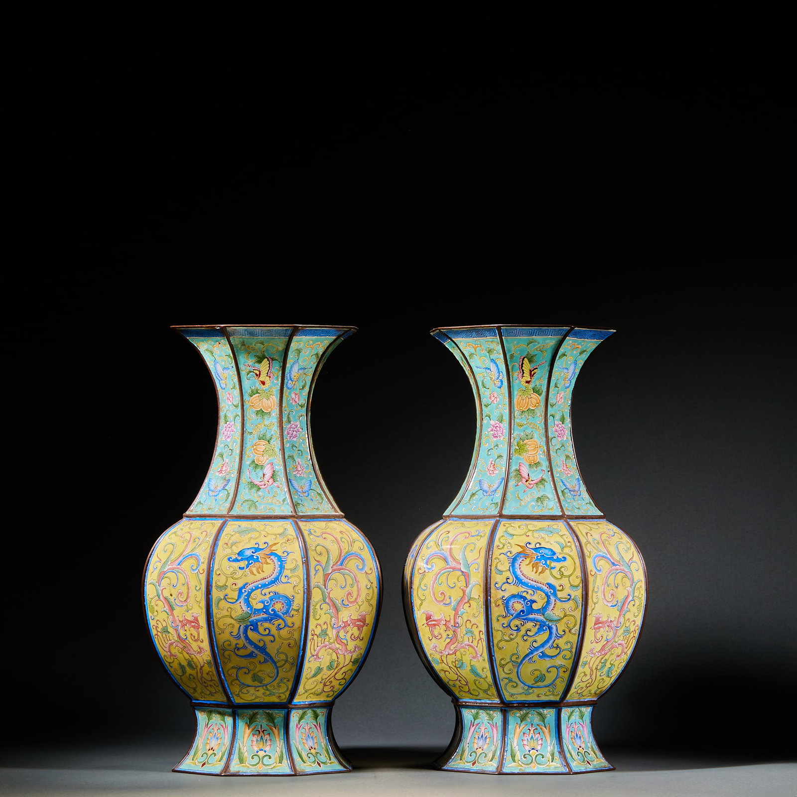 Pair of Painted Enamel Appreciation Vases with Dragon & Phoenix Auspiciousness and Continuous: Pair of Painted Enamel Appreciation Vases with Dragon & Phoenix Auspiciousness and Continuous Descendants MotifsH 33.5 cm, Diam. 17.5 cm