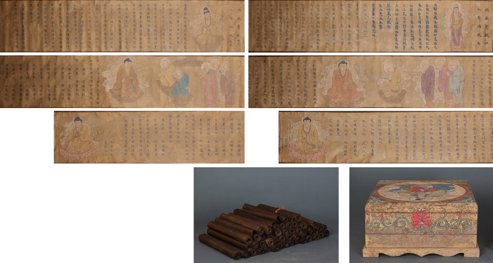 FortySeven Volumes SilkWrapped Paper Bilingual KhitanChinese Manuscript of Ksitigarbha Repentance: FortySeven Volumes SilkWrapped Paper Bilingual KhitanChinese Manuscript of Ksitigarbha Repentance Sutra, Ninth Year of Daan ReignSingle scroll: L 430 cm, W 37 cm