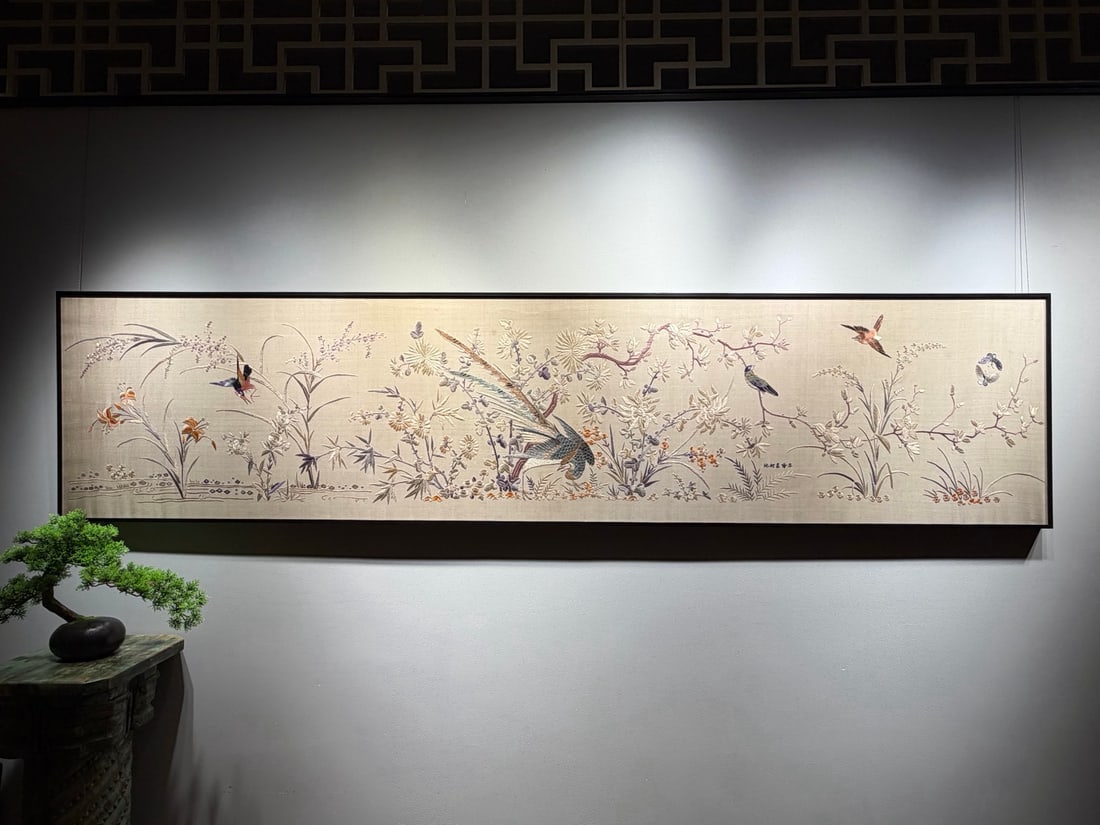Horizontal Cantonese Embroidery Panel Bright Prospects Ahead: Horizontal Cantonese Embroidery Panel Bright Prospects AheadL 255 cm, W 60 cm