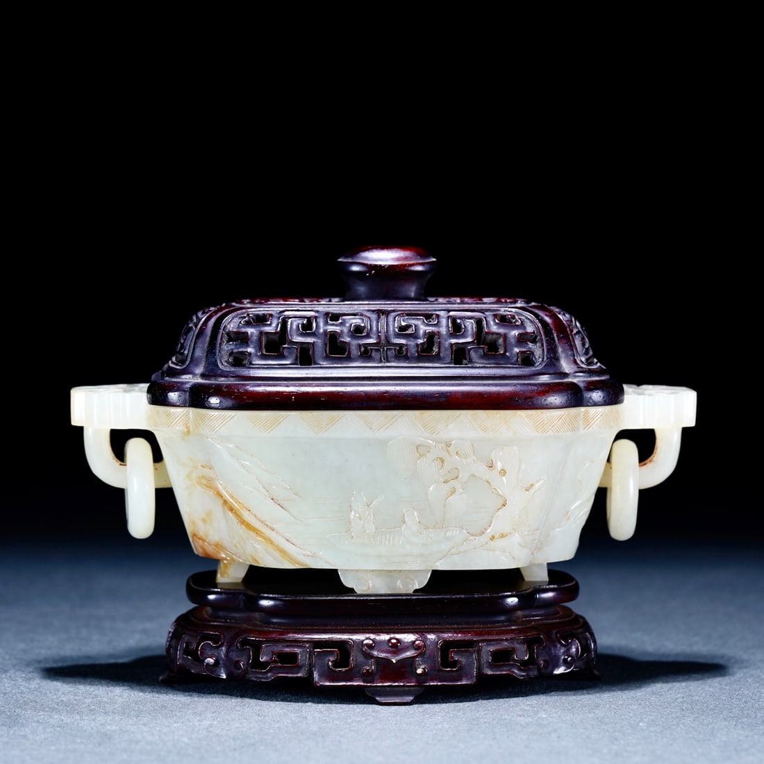 Hetian Jade Incense Burner: Hetian Jade Incense BurnerOverall H: 11 cm, Body H: 4.5 cm, Ear Span: 15.5 cm, W: 7 cm