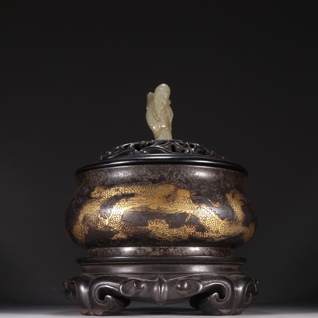 Ming Xuande Mark Gilt Bronze Incense Burner with Twin Dragon Reliefs (1 of 9)