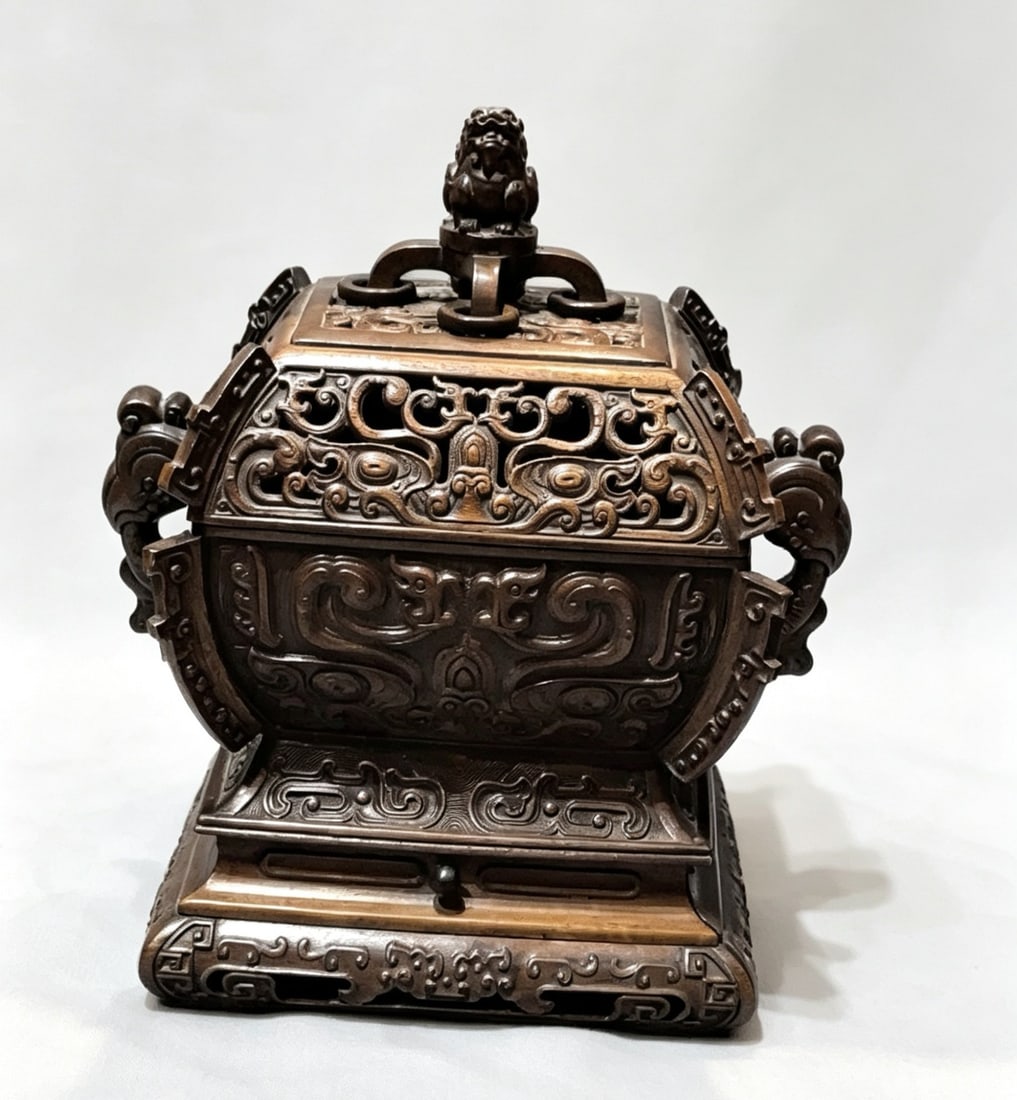 Huanghuali Square Incense Burner with Chi Dragon Patterns and Elephant Ears (1 of 9)