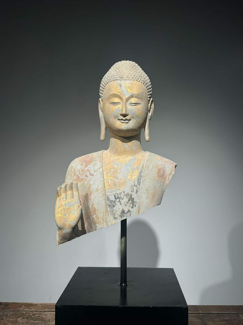 Painted Bluestone HalfBust Buddha, Qingzhou Northern Qi (1 of 7)
