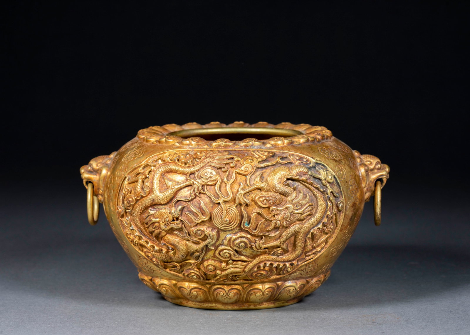 Gilt Bronze Alms Bowl with CloudDragon Patterns and Beast Ears: Gilt Bronze Alms Bowl with CloudDragon Patterns and Beast EarsH 11 cm, L 20 cm, W 17 cm