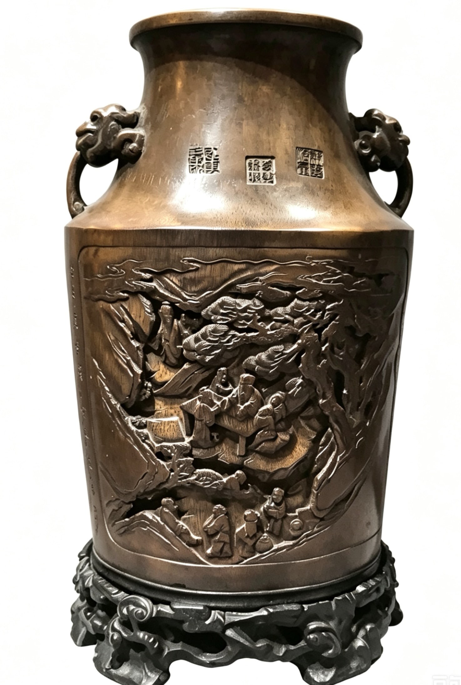Qing Bamboo Carved BeastEar Vase, Scene of Elegant Gathering in the Ningshou Palace Bamboo Grove: Qing Bamboo Carved BeastEar Vase, Scene of Elegant Gathering in the Ningshou Palace Bamboo GroveH 45 cm, W 22 cm, Thickness 13 cm