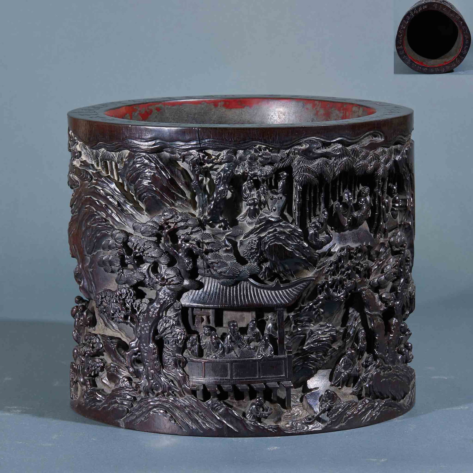 Sandalwood Brush Pot Carved with Landscapes, Pavilions and Narrative Figures: Sandalwood Brush Pot Carved with Landscapes, Pavilions and Narrative FiguresH 21.7 cm, Diam. 24.5 cm