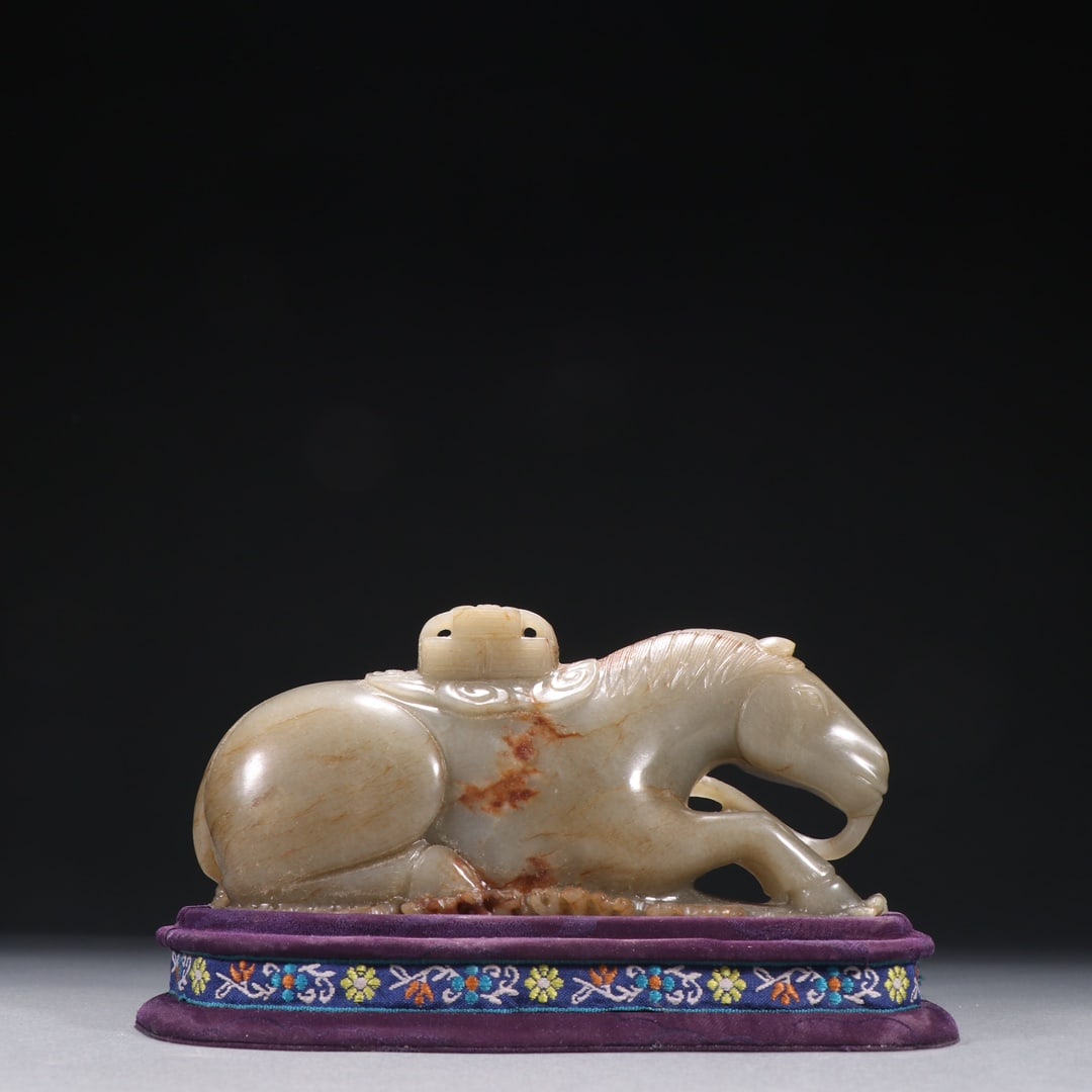 Qing Hetian Jade Pebble Carving: Sea Horse Carrying Ancient Script Scroll Ornament: Qing Hetian Jade Pebble Carving: Sea Horse Carrying Ancient Script Scroll OrnamentH 11 cm with base, W 17 cm