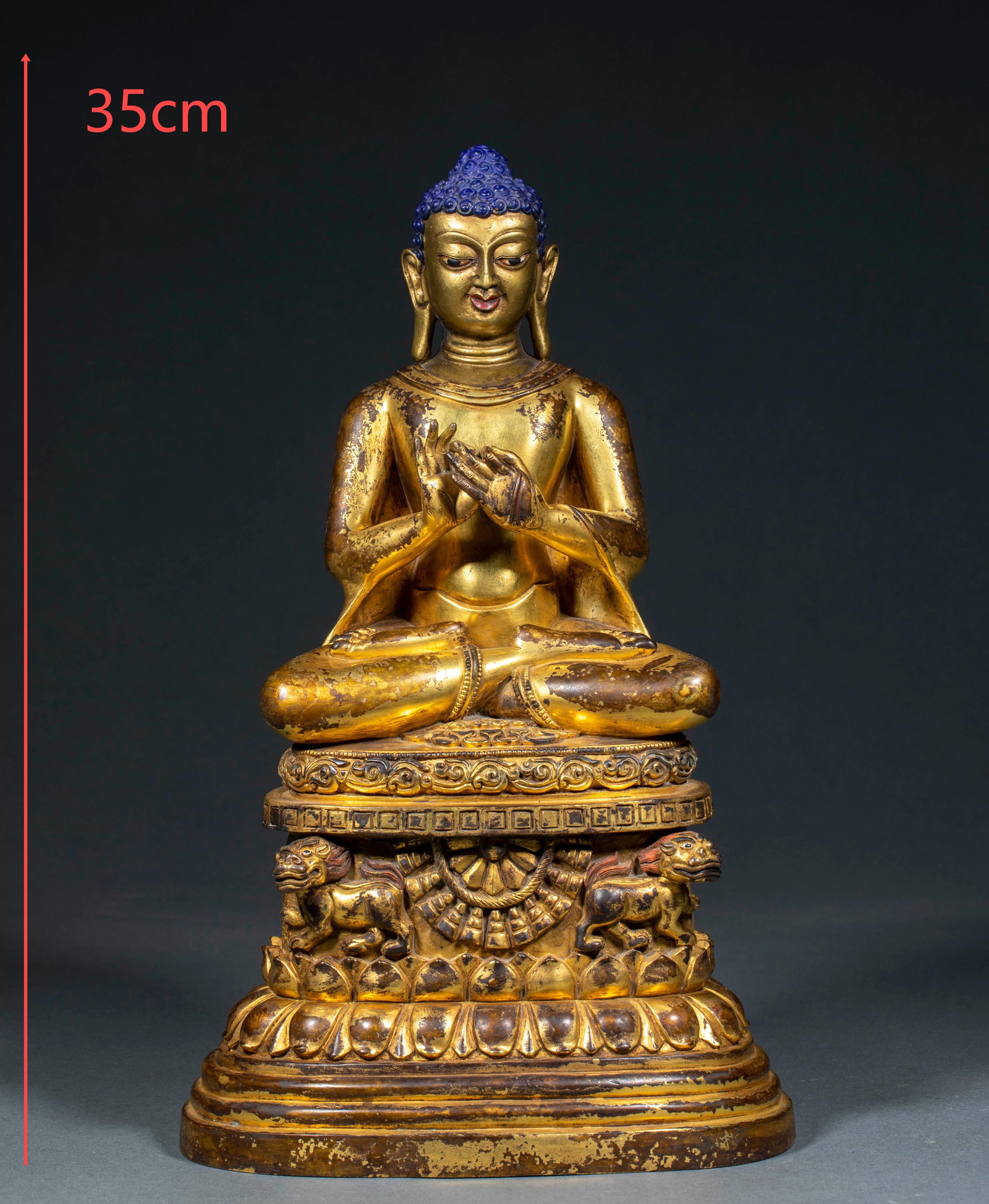 Ming Gilt Bronze Shakyamuni Buddha Statue on Tall Throne: Ming Gilt Bronze Shakyamuni Buddha Statue on Tall ThroneH 35 cm, L 21.5 cm, W 17 cm