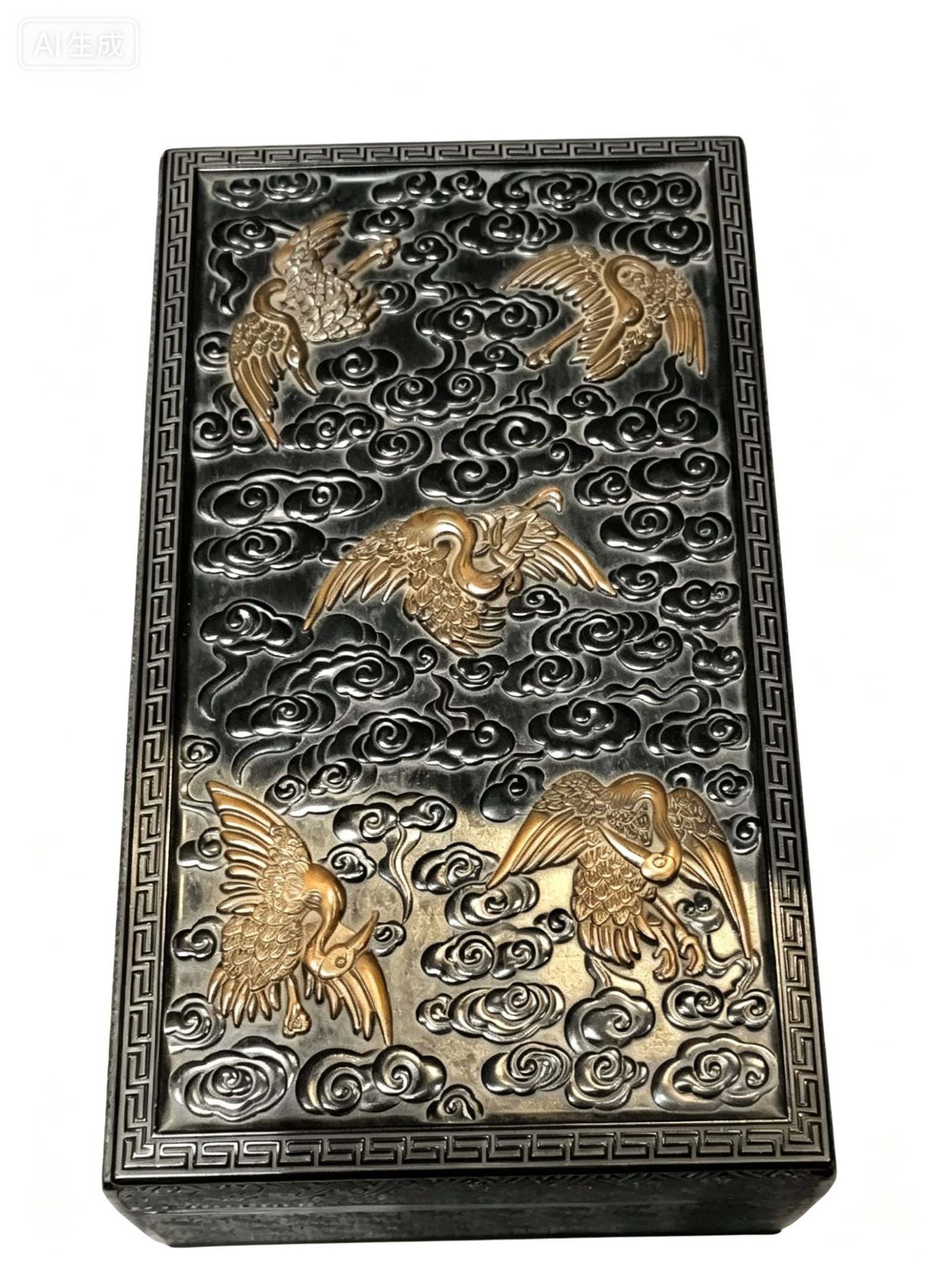 Imperial Mark Sandalwood Treasure Casket Inlaid with Boxwood, Carved with Five Cranes Ascending: Imperial Mark Sandalwood Treasure Casket Inlaid with Boxwood, Carved with Five Cranes Ascending CloudsH 10 cm, L 26 cm, W 15 cm