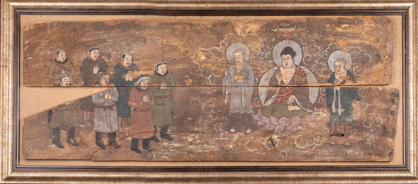 Long Panel Painting of Worshipping Buddha: Long Panel Painting of Worshipping BuddhaLong panel painting Buddha Worshipping Scene: L 111.5 cm, W 44.5 cm