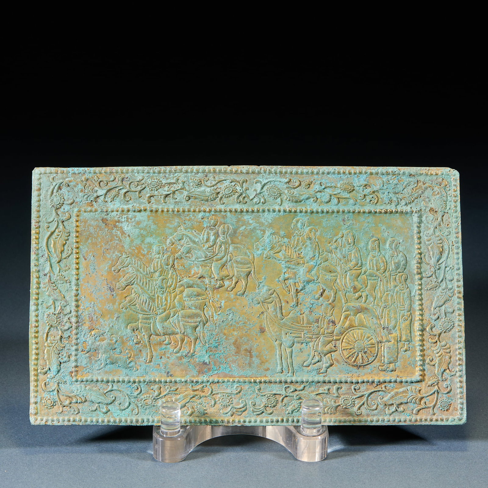 Gilt Bronze Plaque with Khitan Noble Procession Scene: Gilt Bronze Plaque with Khitan Noble Procession SceneL 22.5 cm, W 13.5 cm