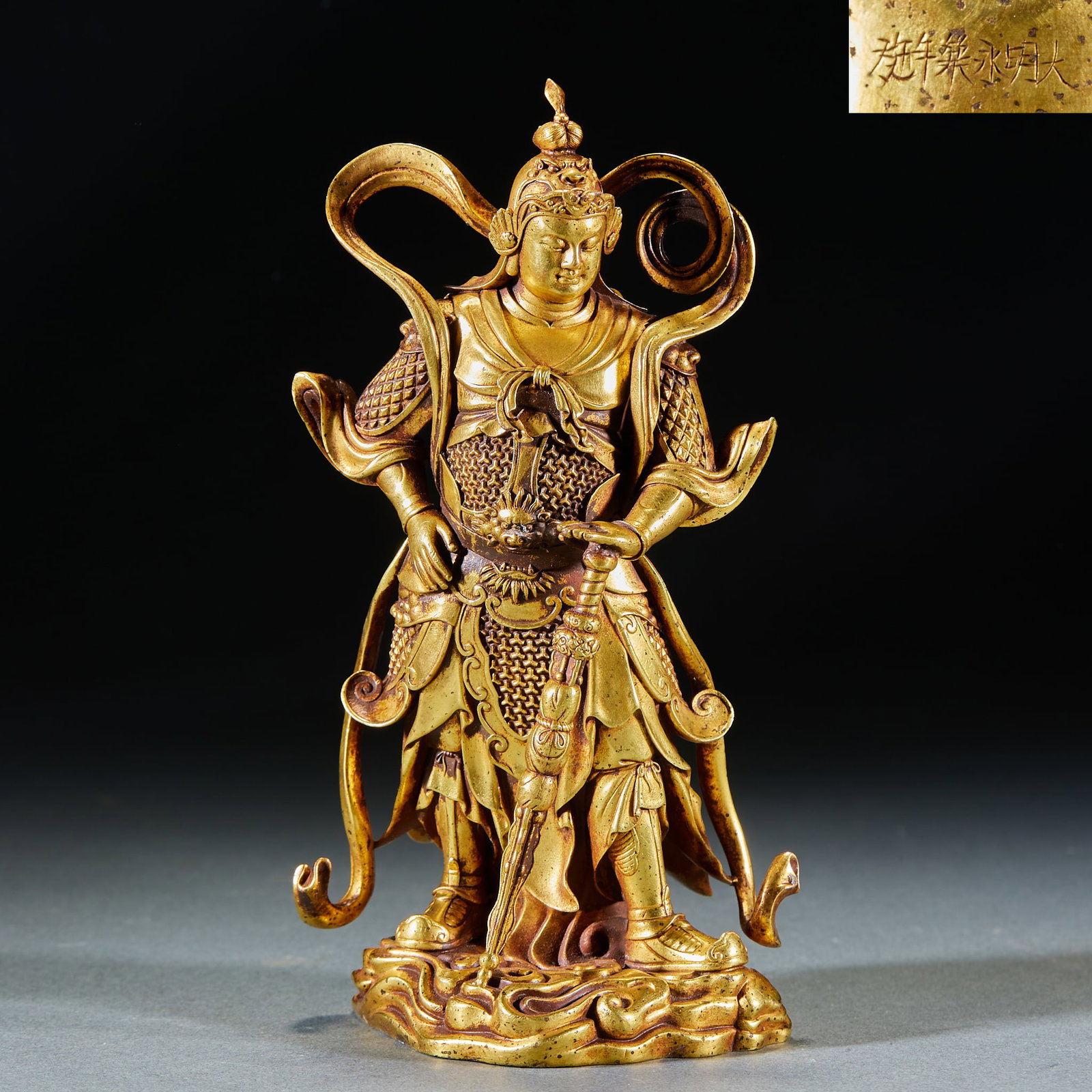 Ming Yongle Gilt Bronze Statue of Skanda Veda Dharma Protector: Ming Yongle Gilt Bronze Statue of Skanda Veda Dharma ProtectorH 16.5 cm, L 8 cm, W 7 cm