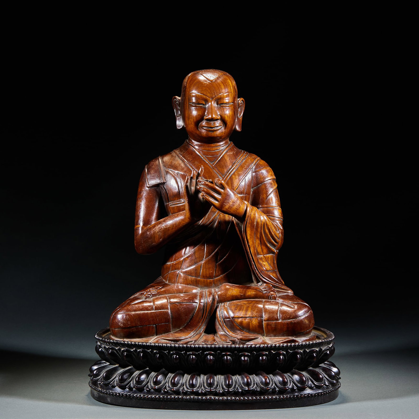 Qing Huanghuali Statue of Lama Guru Buddha: Qing Huanghuali Statue of Lama Guru BuddhaH 42 cm, L 31 cm, W 23 cm
