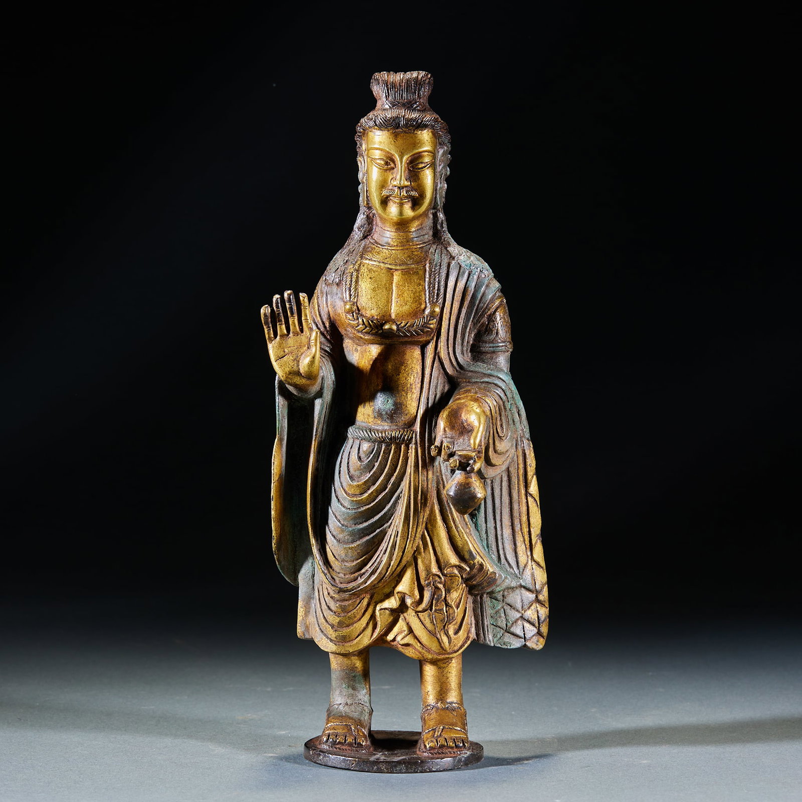 Gilt Bronze MaleFaced Guanyin Statue in Northern Wei Style: Gilt Bronze MaleFaced Guanyin Statue in Northern Wei StyleH 25 cm, L 10 cm, W 6.5 cm