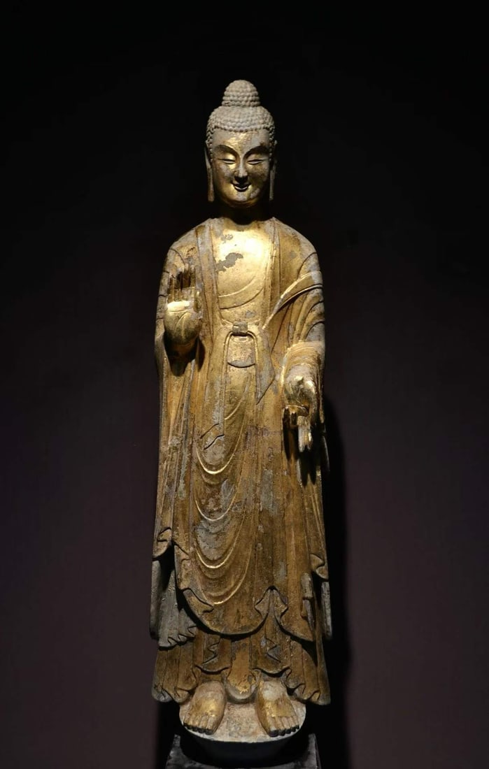Gilded Bluestone Standing Buddha Statue, Northern Wei Dynasty: Gilded Bluestone Standing Buddha Statue, Northern Wei DynastyH 120 cm