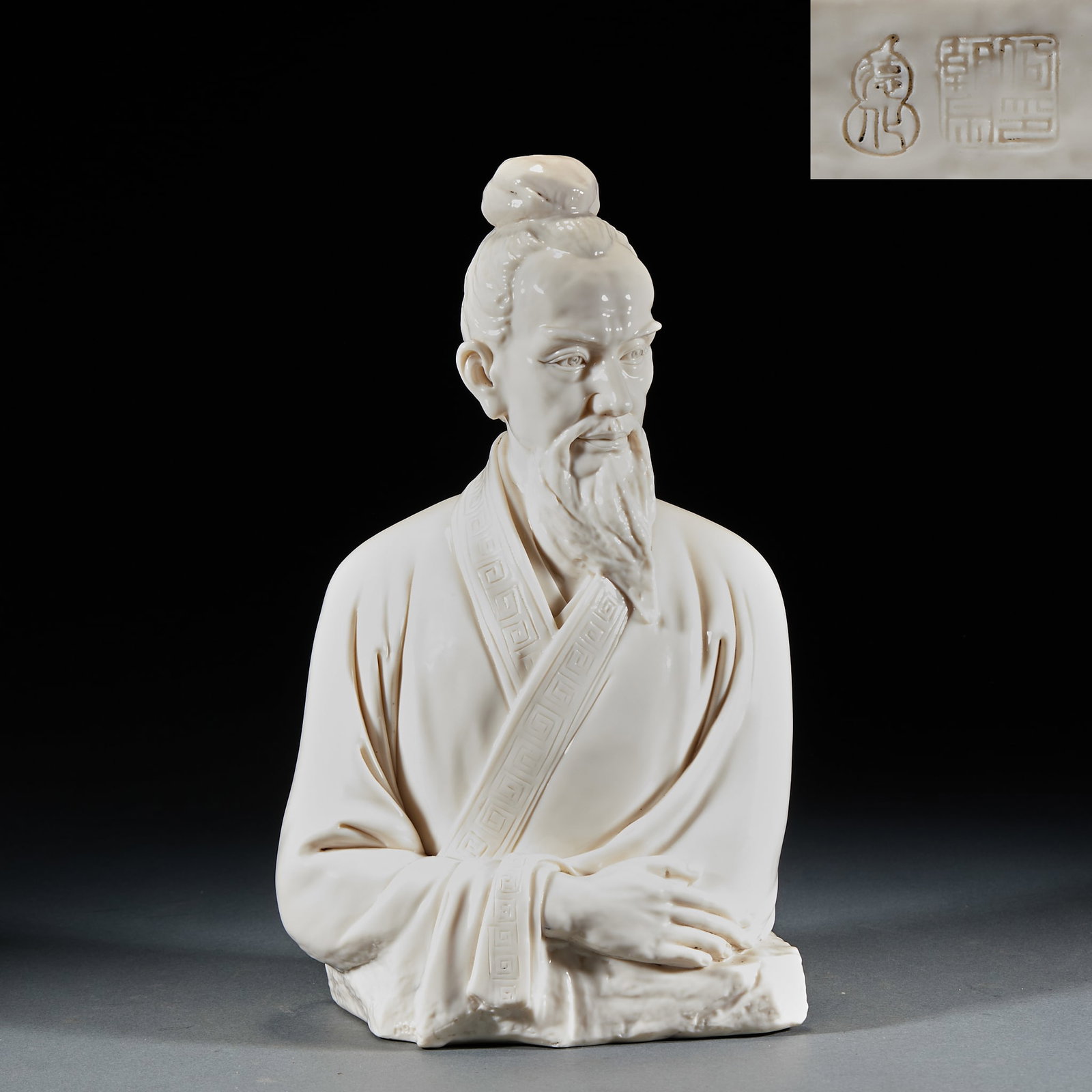 Dehua Kiln HalfBust Statue of Confucius, Signed He Chaozong: Dehua Kiln HalfBust Statue of Confucius, Signed He ChaozongH 32 cm, L 19 cm, W 13 cm