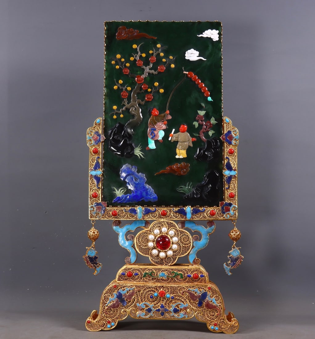 Qing Filigree Gilt Table Screen Inlaid with Hetian Jasper & Eight Treasures, Carved with Boys: Qing Filigree Gilt Table Screen Inlaid with Hetian Jasper & Eight Treasures, Carved with BoysH 43.5 cm, L 21 cm, W 6.5 cm
