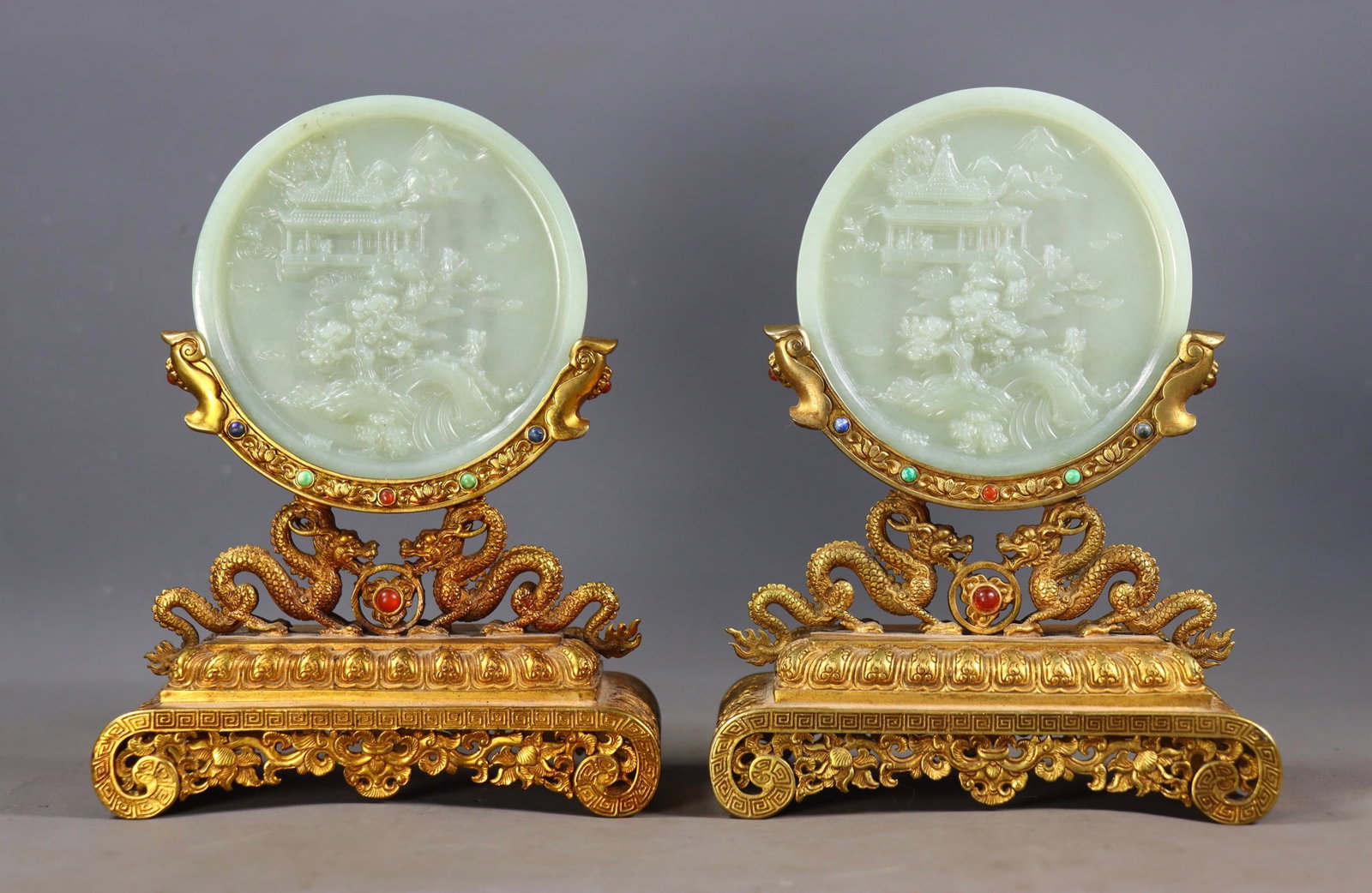 Pair of Gilt Bronze Table Screens Inlaid with Hetian Jade (1 of 9)