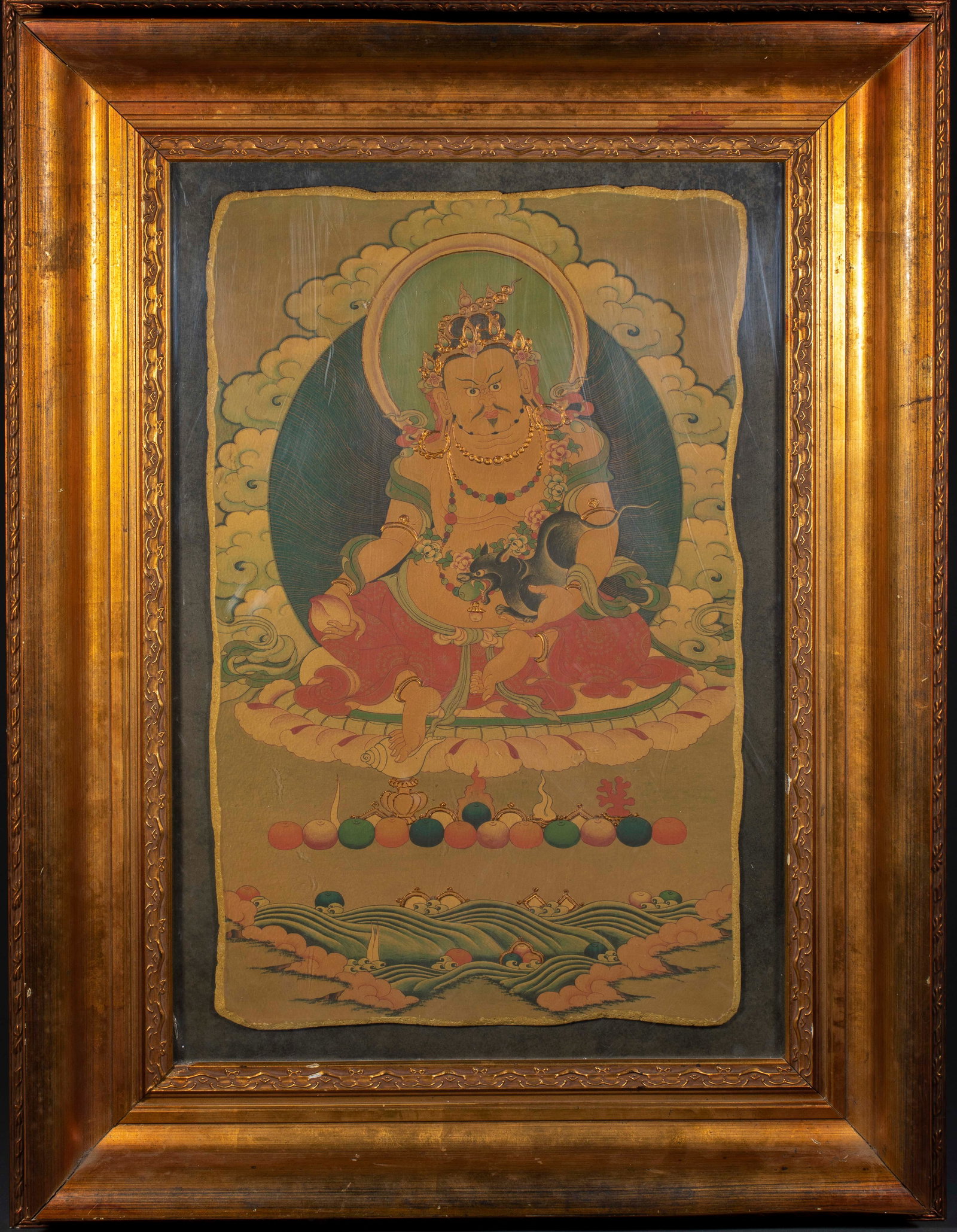 Framed Thangka of Yellow God of Wealth: Framed Thangka of Yellow God of WealthL 79.5 cm, W 60.5 cm
